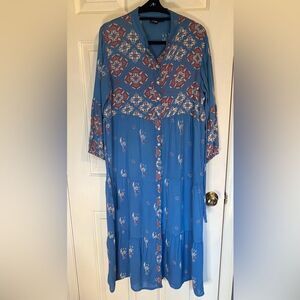 S.R. Fashion Vintage Blue Floral Midi Dress Large Rayon Button Down